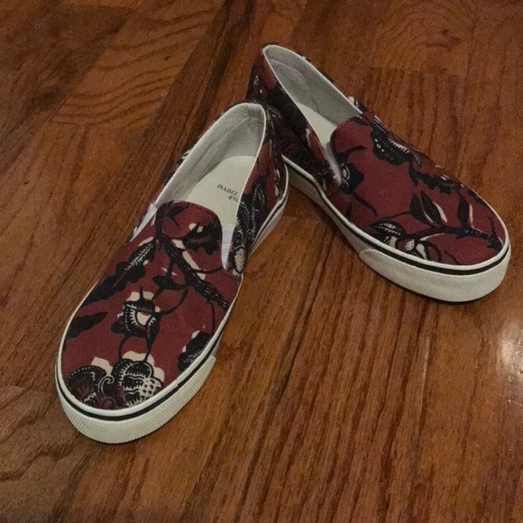 Maroon, flower print Slip on Sneakers - Picture 1 of 2